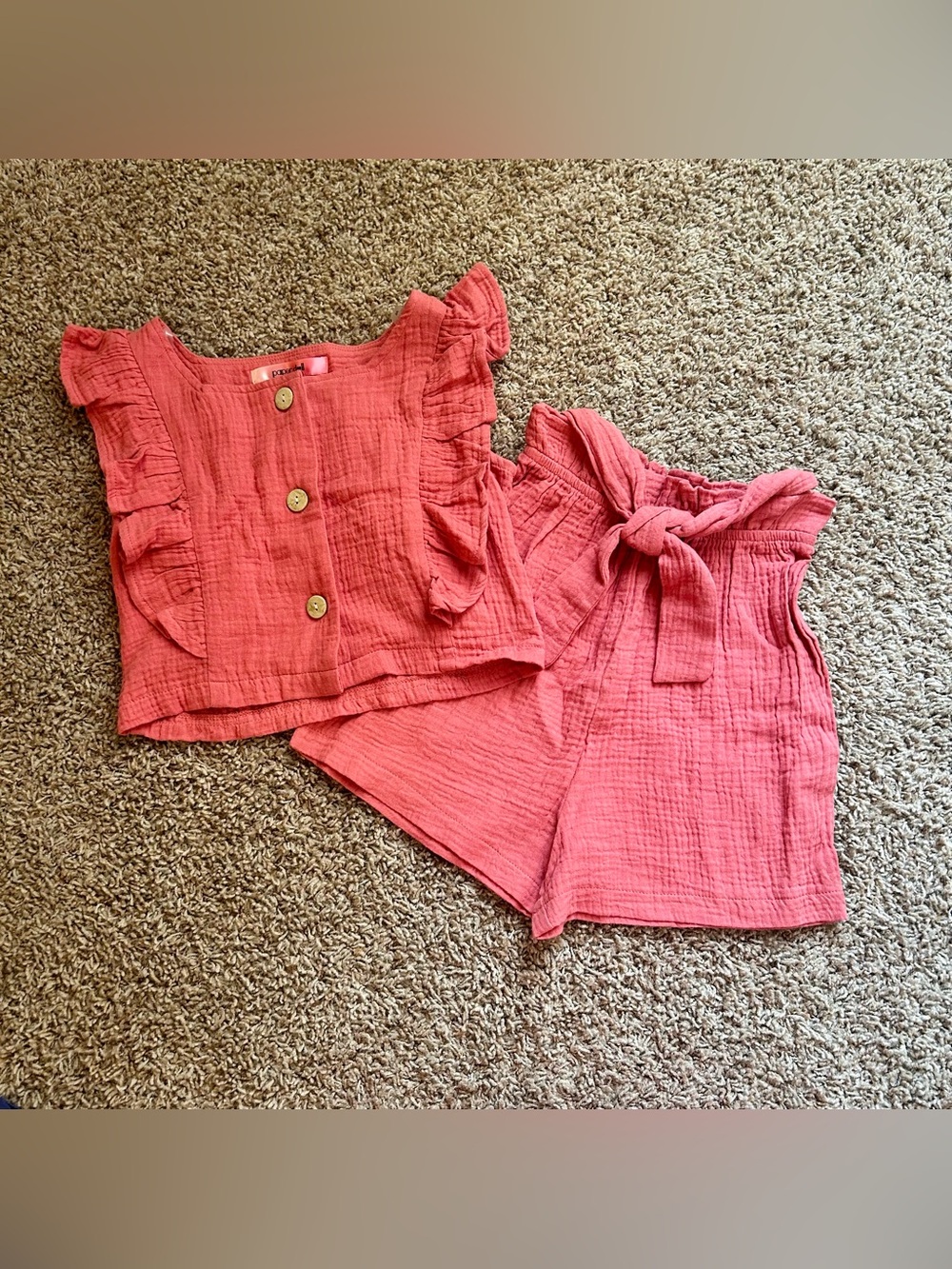 NWOT Paper Doll Coral Pink Ruffled Button Top & Tie Waist Shorts